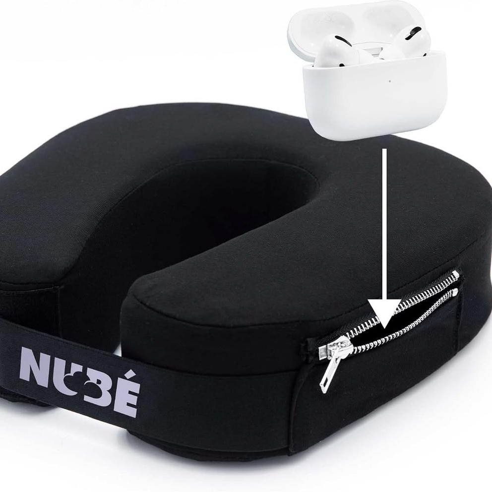 Travel Neck Pillow with Storage Pocket – Black
